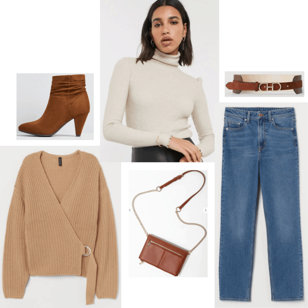 Rey outfit with wrap top, medium wash jeans, brown boots