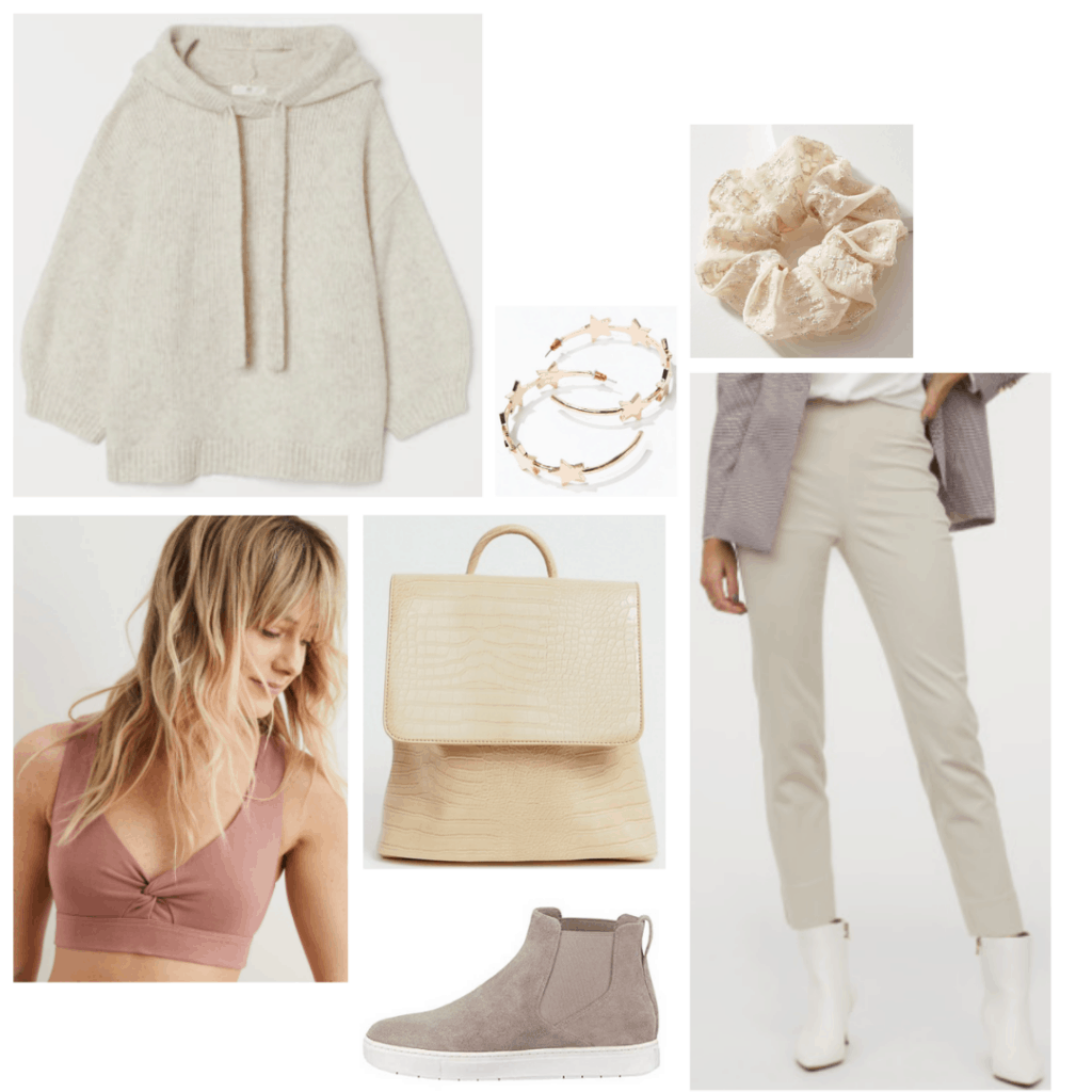 Rey outfit from Star Wars - beige pants, beige hoodie, sports bra, sneakers, and flap backpack