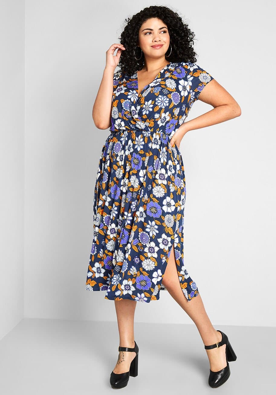 Dark blue surplice-neckline midi