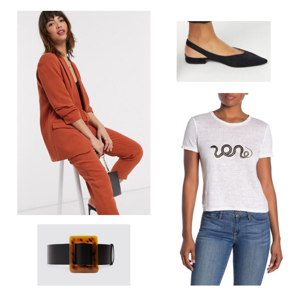 Orange pantsuit, snake t-shirt, blackflats, and belt.