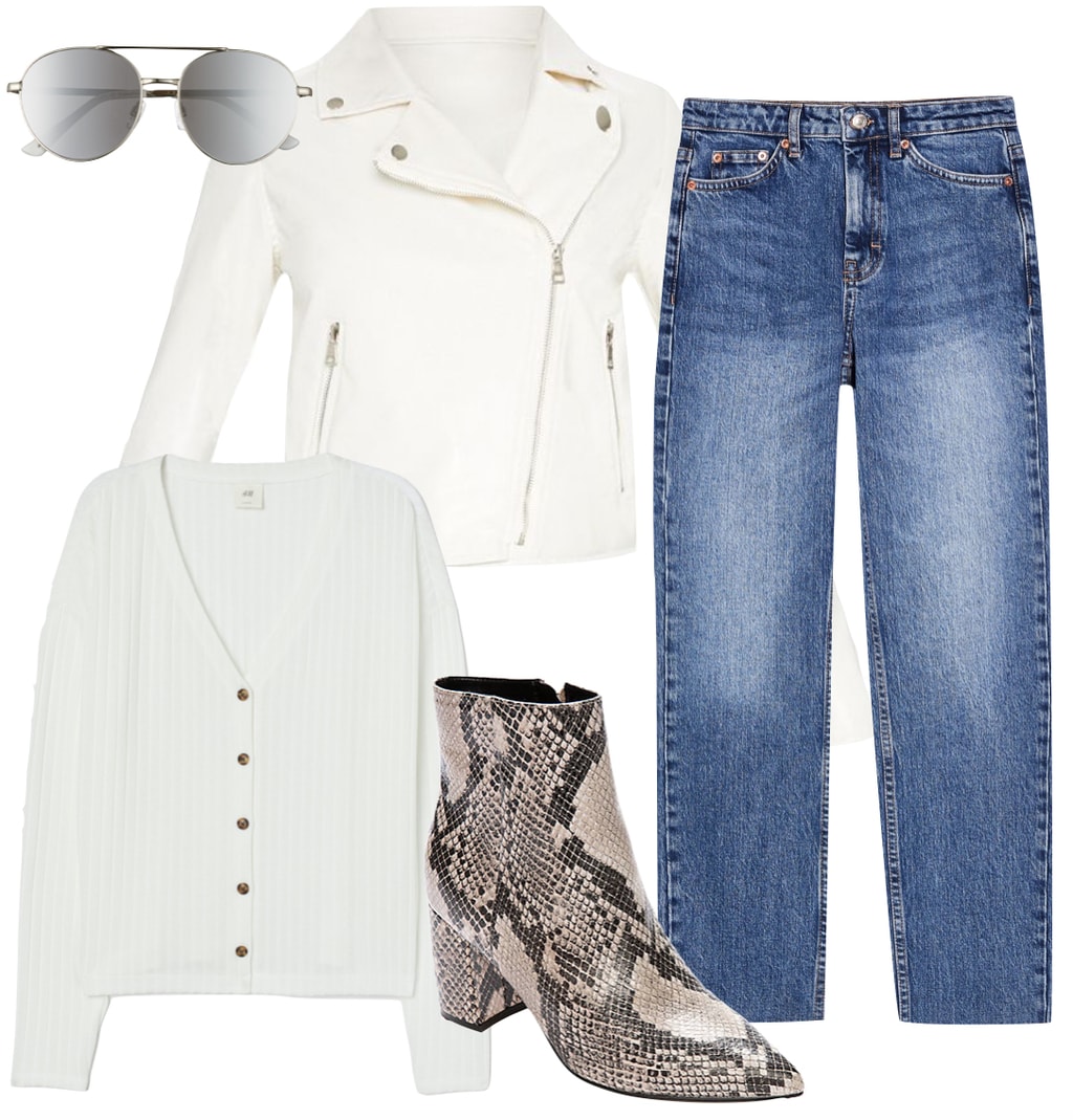 Emma Roberts Outfit: white faux leather moto jacket, straight leg jeans, white cardigan top, round brow bar sunglasses, and snake print snake booties