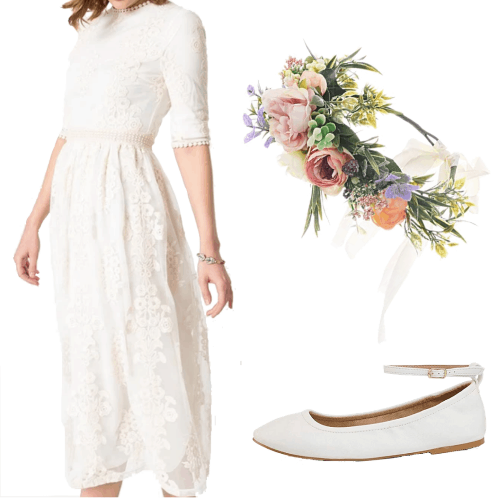 Sabrina Spellman outfit with white dress, white ballet flats, and flower crown