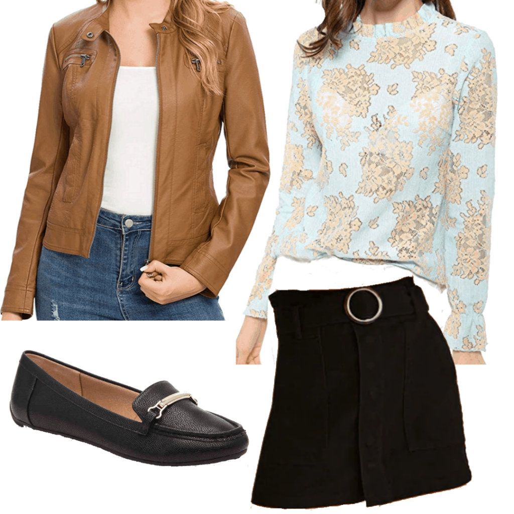 Sabrina Spellman style: Outfit inspired by Sabrina from The Chilling Adventures of Sabrina with black skirt, printed blouse, brown leather jacket, and loafers