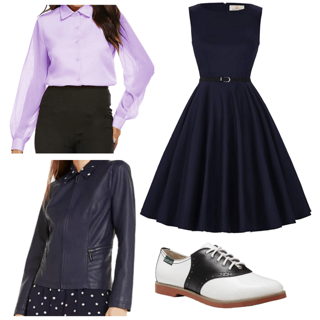 Sabrina Spellman style: Outfit inspired by Sabrina from The Chilling Adventures of Sabrina with navy dress, purple shirt, oxfords, and navy leather jacket