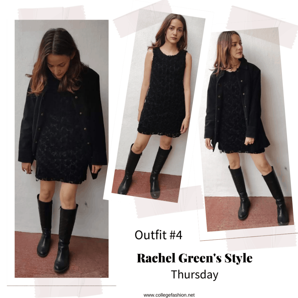 Outfit inspired by Rachel Green's style from Season 6 of Friends - black dress, knee high boots, coat