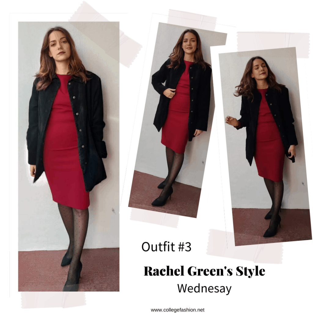 Outfit inspired by Rachel Green's style from Season 5 of Friends - red dress, long coat, tights, and pumps