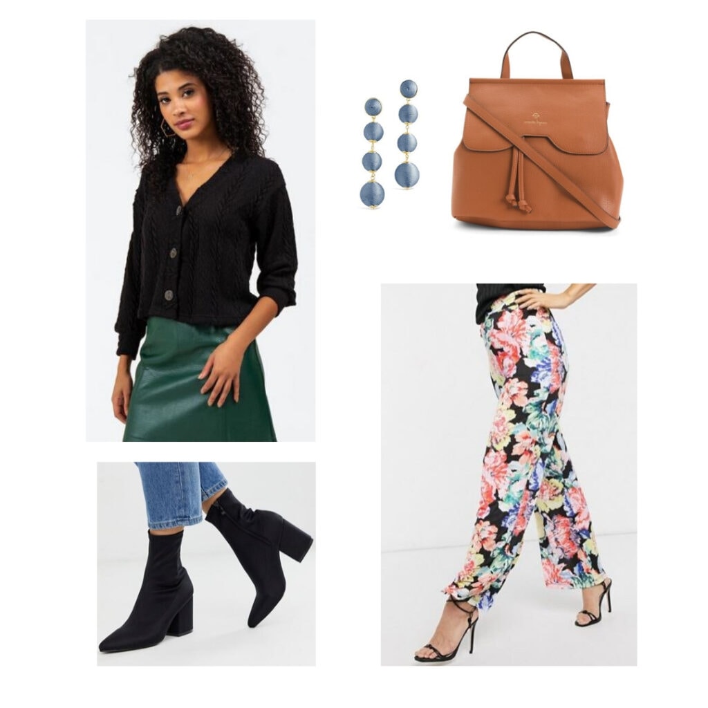 Black cardigan, blue earrings, brown leather backpacks, wide leg floral pants, black boots.