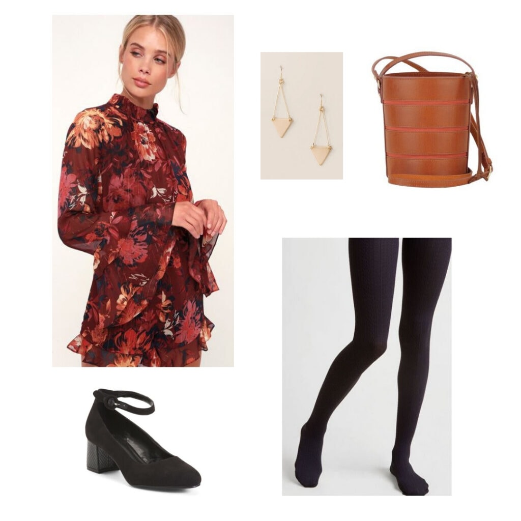 Burgundy floral romper, gold earrings, brown and red bucket bag, black tights, black block heels.