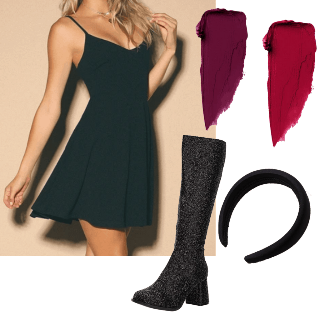 Sabrina Spellman style: Outfit inspired by Sabrina's cheerleading video with black dress, glitter boots, black headband, and red lipstick