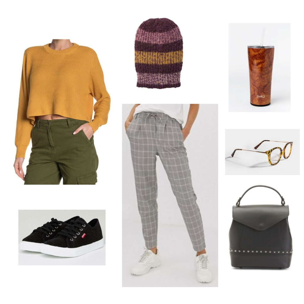 Yellow sweater, plaid pants, beanie, sneakers, backpack, glasses, and travel mug.