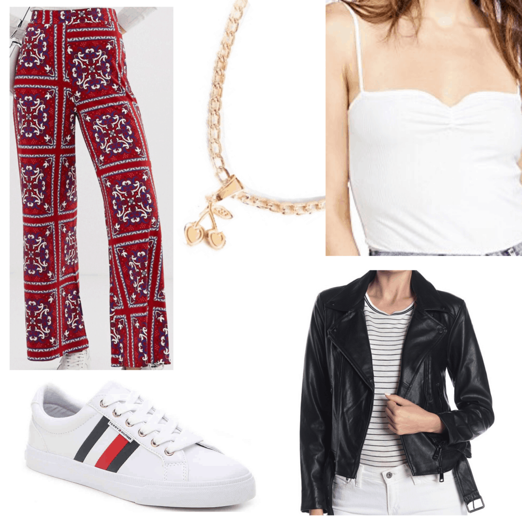 Patterned pants outfit set with white tank, gold jewelry, sneakers, black moto jacket, and red paisley patterned pants