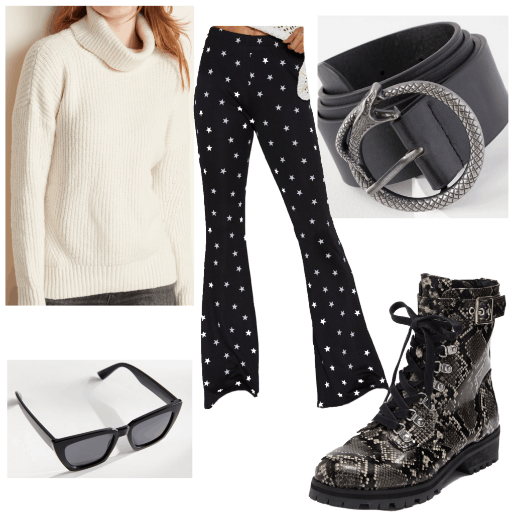 Outfit set featuring black and white star patterned jeans