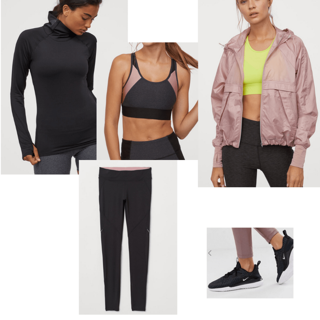 Running outfit with reflective tights, turtleneck, and windbreak styled with matching bra and sneakers 