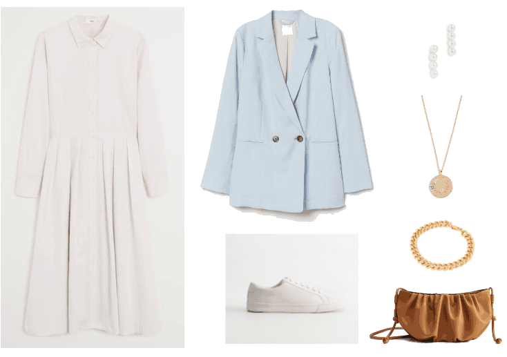 How to wear a shirt dress 2020 outfit 1: midi white shirt dress, baby blue blazer, white sneakers, brown purse, gold necklace and bracelet