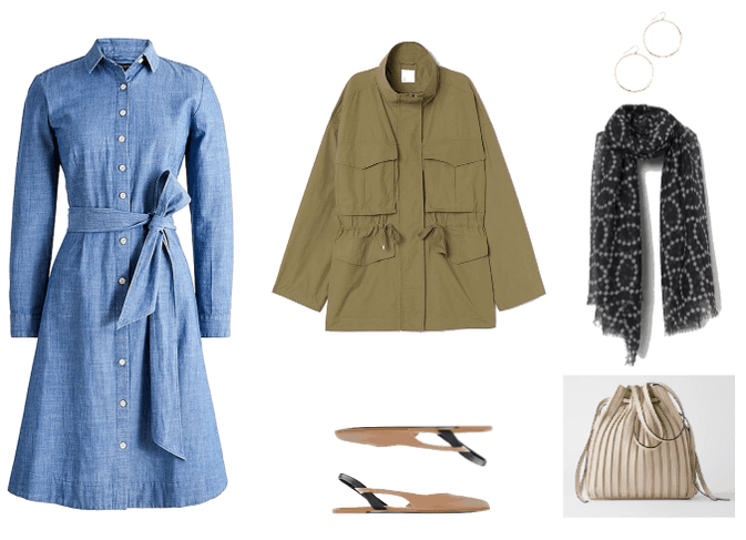 Denim a-line shirt dress, green utility jacket, flat mules, patterned scarf