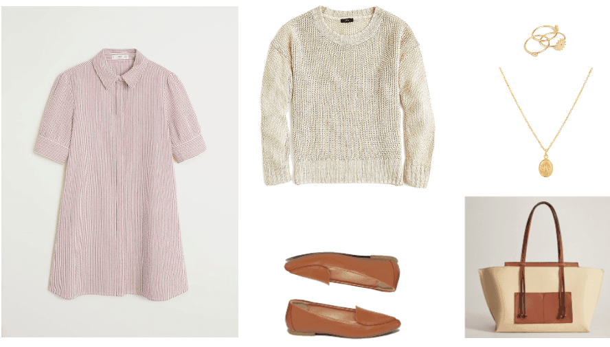 How to wear a shirt dress 2020 outfit 3: pink shirt dress, white crew neck sweater, brown loafers