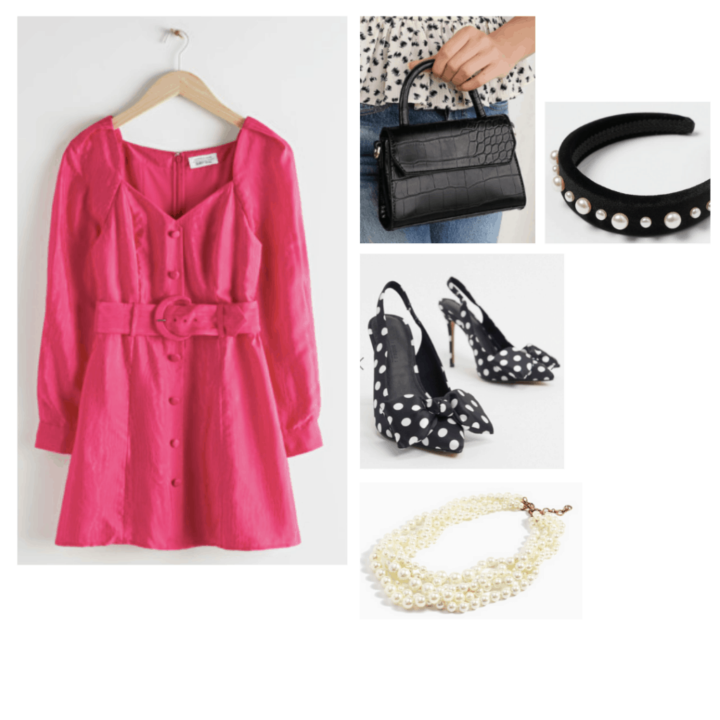 Outfit inspired by Charlotte from Sex and the City with pink dress, polka dot pumps, pearl headband, pearl necklace