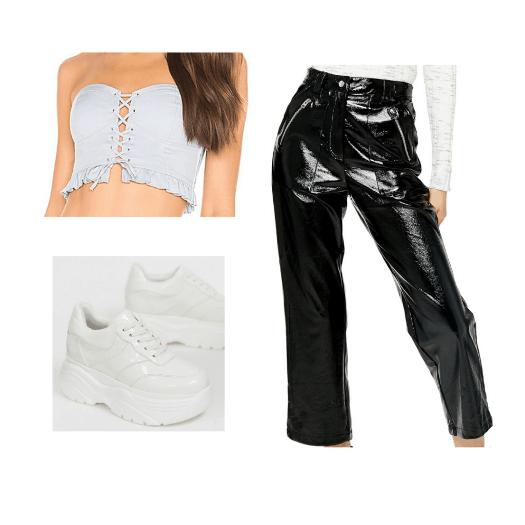 Party outfit formulas: Leather pants, cropped corset top, chunky sneakers