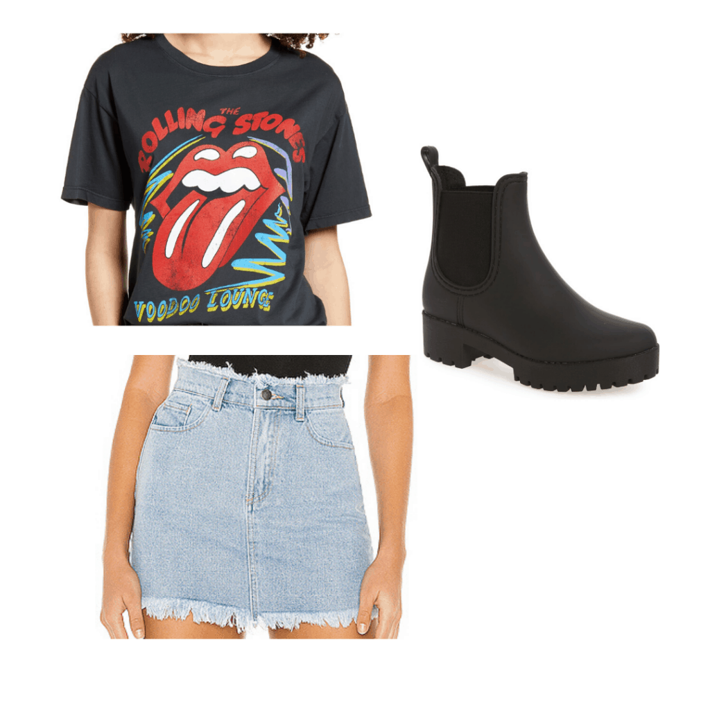 Cute party outfit formulas: Denim skirt, graphic band tee, and Chelsea rain boots