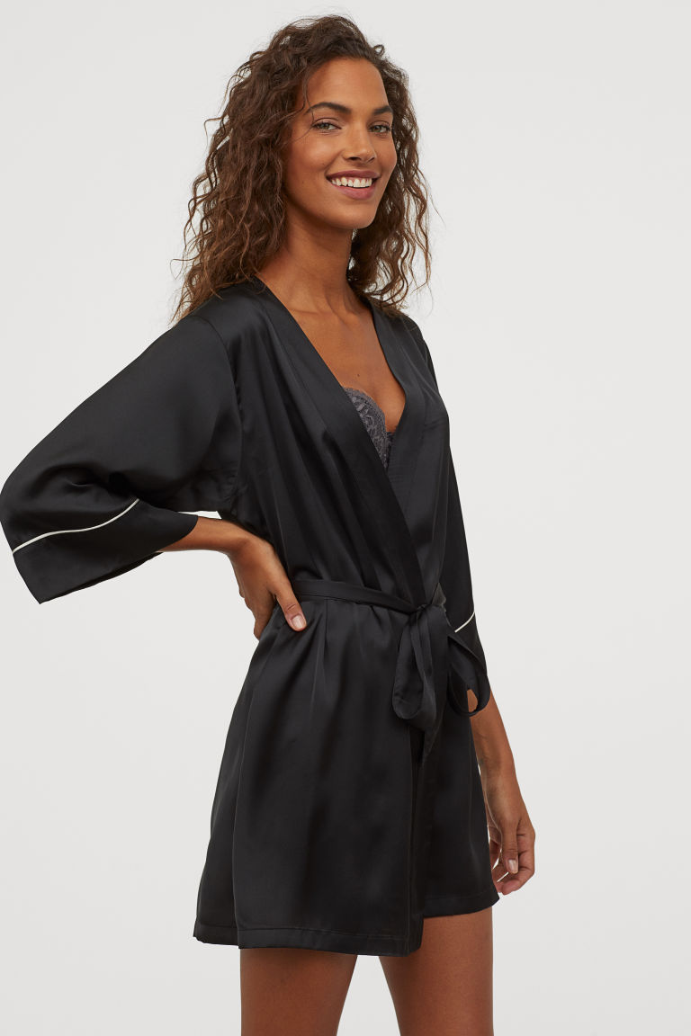 Black satin kimono with white piping from H&M