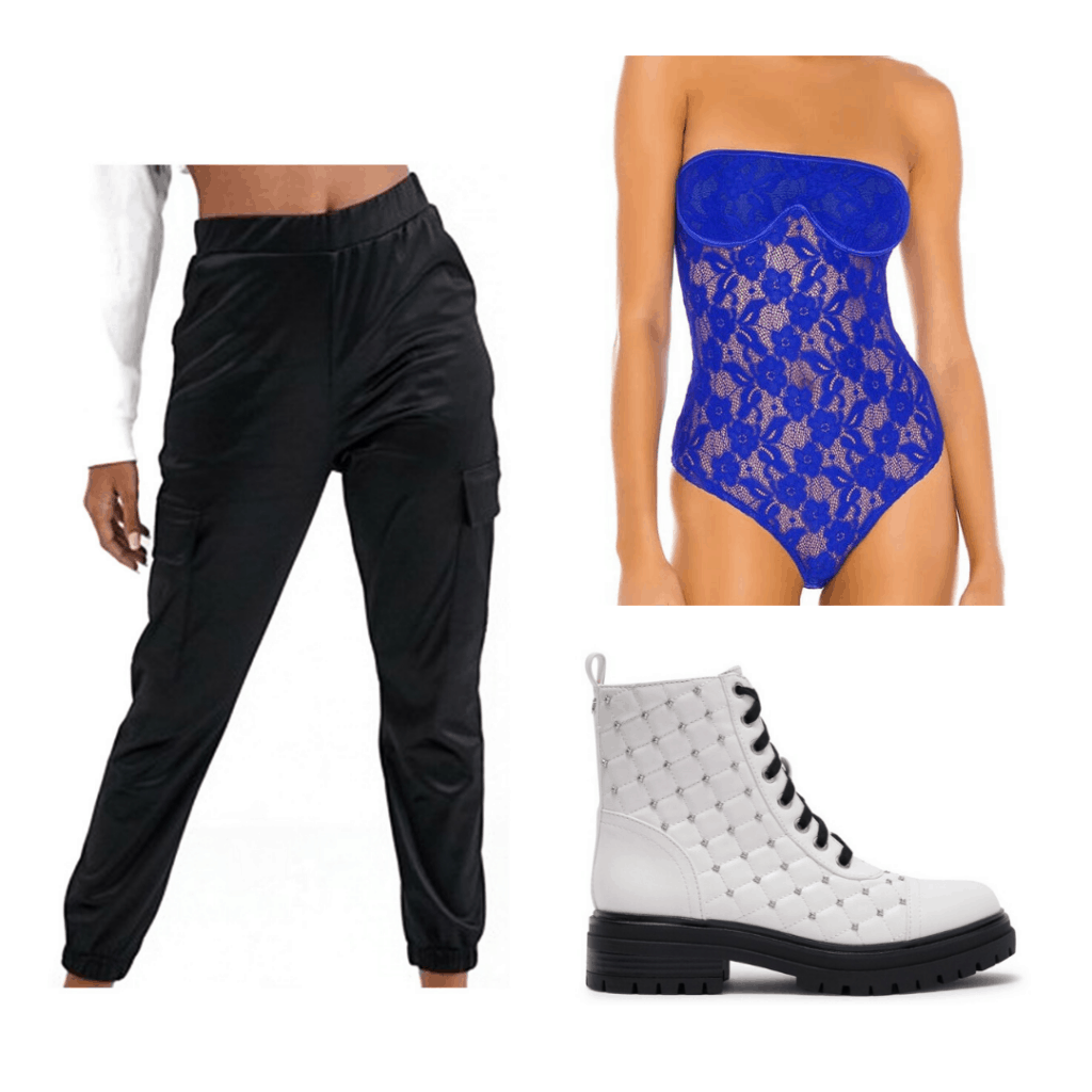 Party outfit formulas: Bodysuit, joggers, studded combat boots