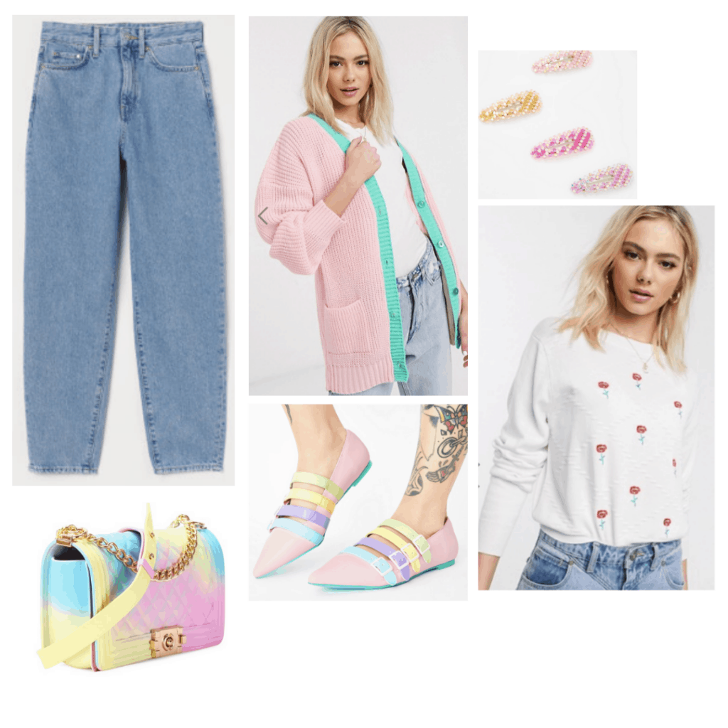 Sex Education fashion: Outfit inspired by Lily's style with pastel cardigan, mom jeans, pastel bag