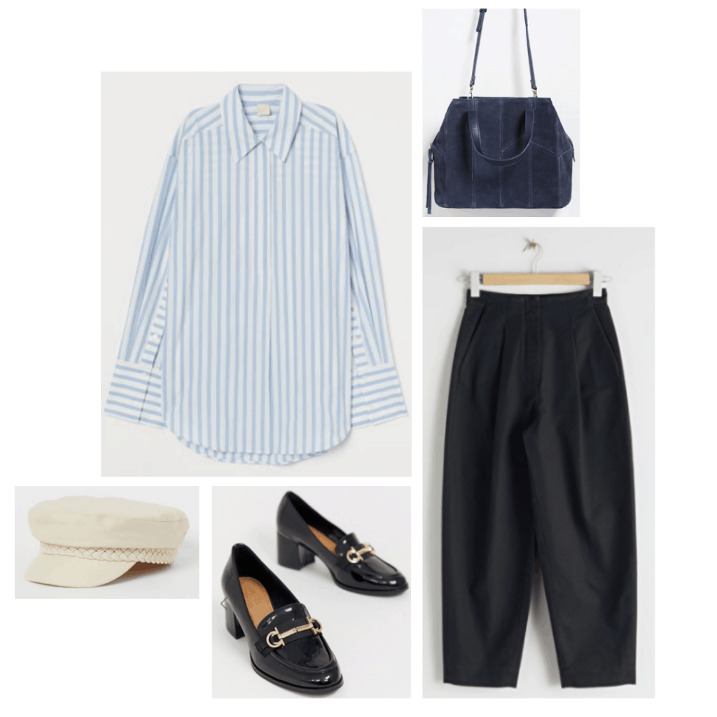 Outfit inspired by Miranda from Sex and the City with striped shirt, black trousers, loafers, tote bag