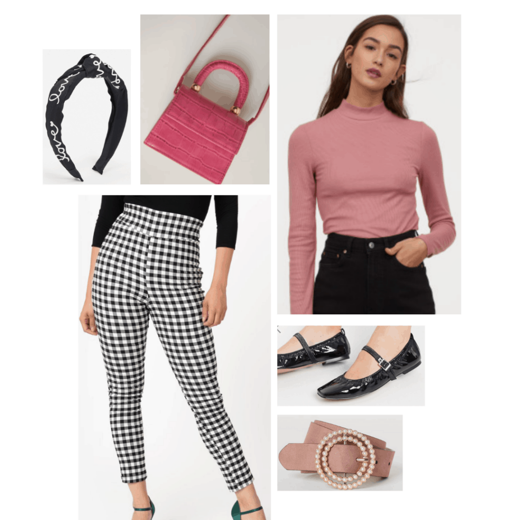 Outfit inspired by Mrs Maisel's style: Gingham pants, pearl belt, pink sweater, patent ballet flats, pink purse and bandana headband