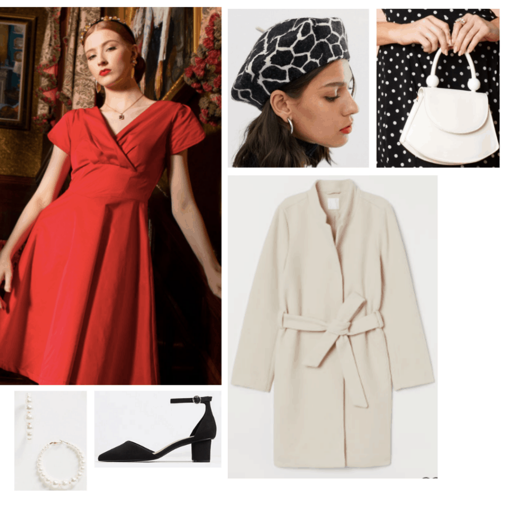 Mrs Maisel fashion: Outfit inspired by Midge Maisel's all red outfit with red dress, cream coat, pearl earrings, black sandal heels, printed hat and mini bag