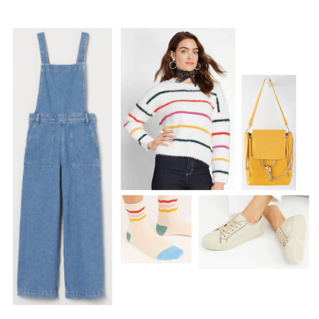 Outfit inspired by Ola's style from Sex Education with overalls, sneakers, striped sweater, yellow bag