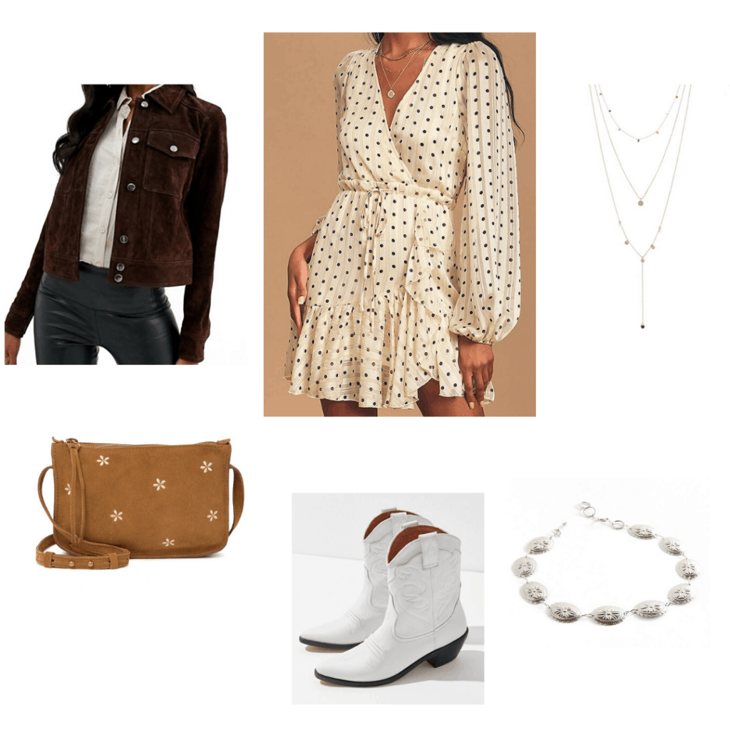 Western outfit focused on a polka dot dress with brown fringe jacket, white cowgirl boots, silver jewelry, suede bag