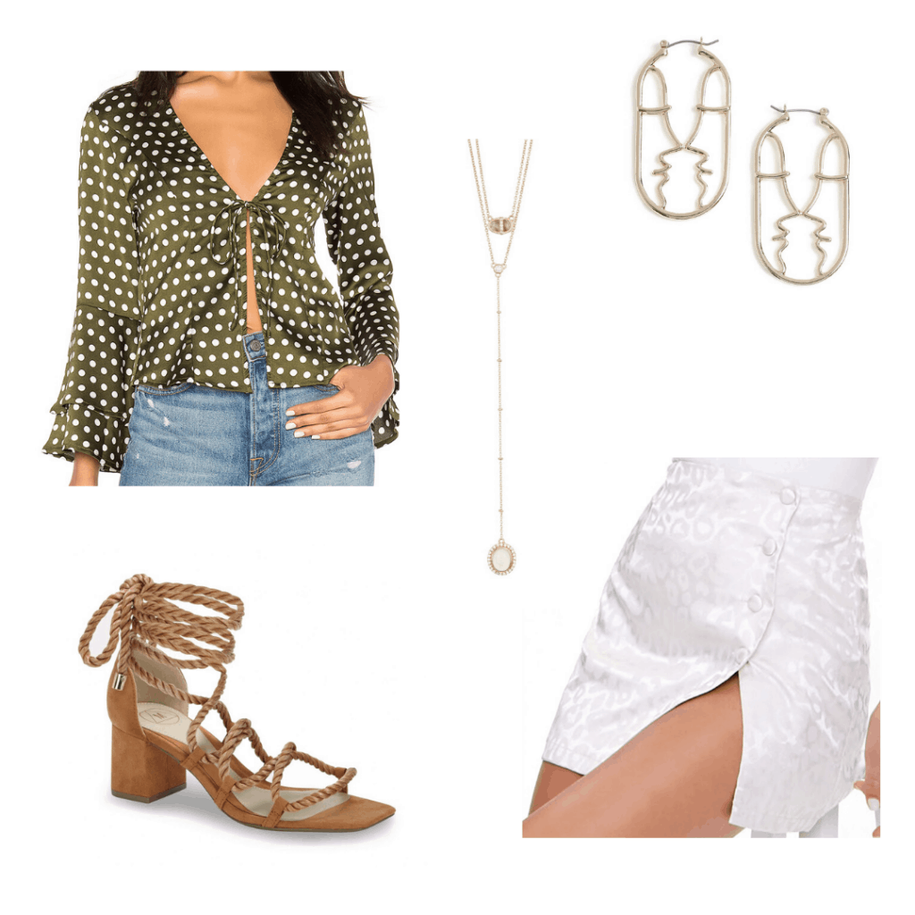 How to wear polka dot top with cheetah print skirt, wrap sandals, gold jewelry