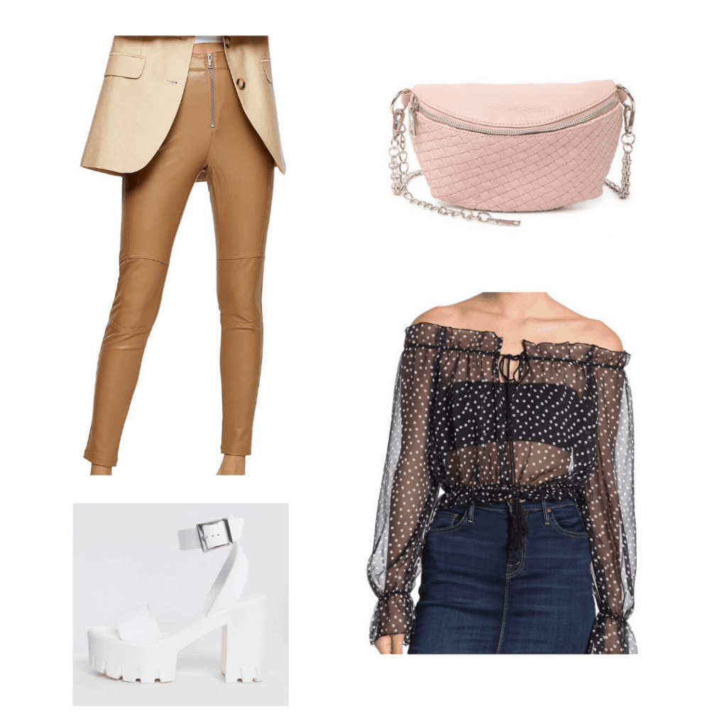 Outfit with polka dot off shoulder top, leather pants, fanny pack, chunky white heels