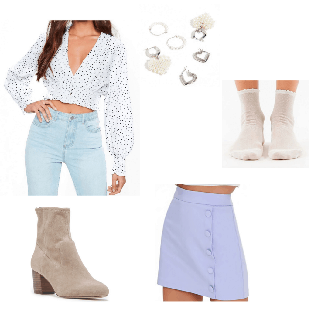 How to wear polka dots: Pastel outfit with polka dot crop top, lavender skirt, taupe suede booties, jewelry, socks