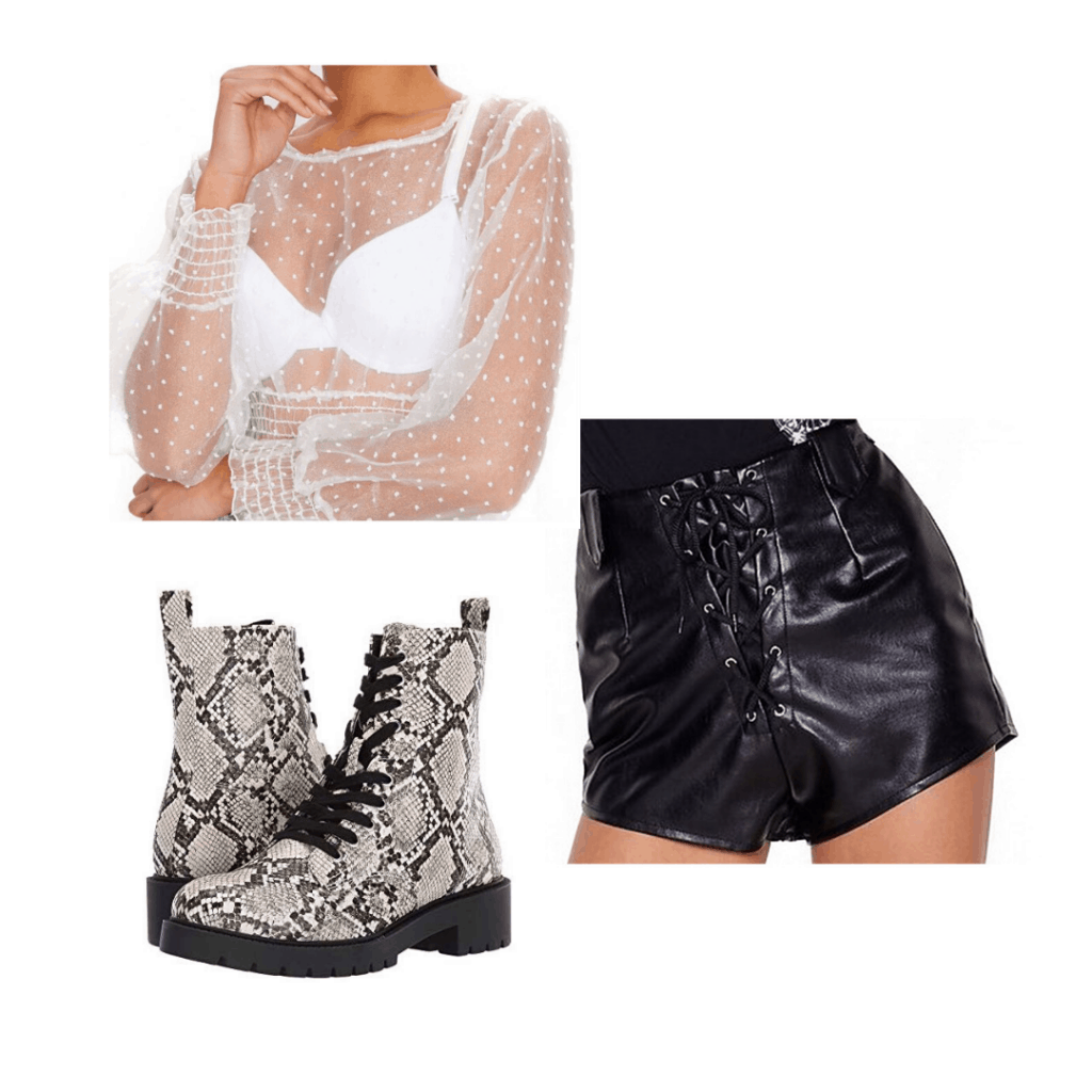 Cute party outfit idea with sheer polka dot top, snakeskin combat boots, and leather shorts