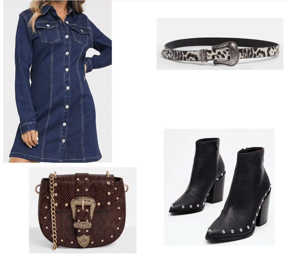 western trend 2020 outfit - denim dress, studded boots, mini bag, cow print belt