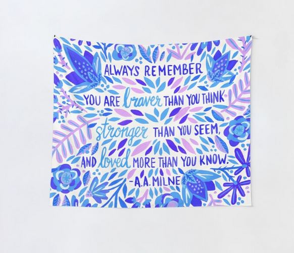 A.A. Milne quote tapestry; blue and purple.