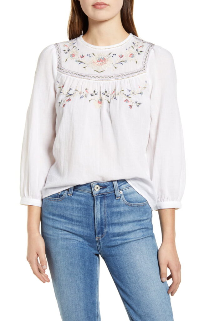 Spring pieces: Lucky Brand embroidered yoke peasant blouse