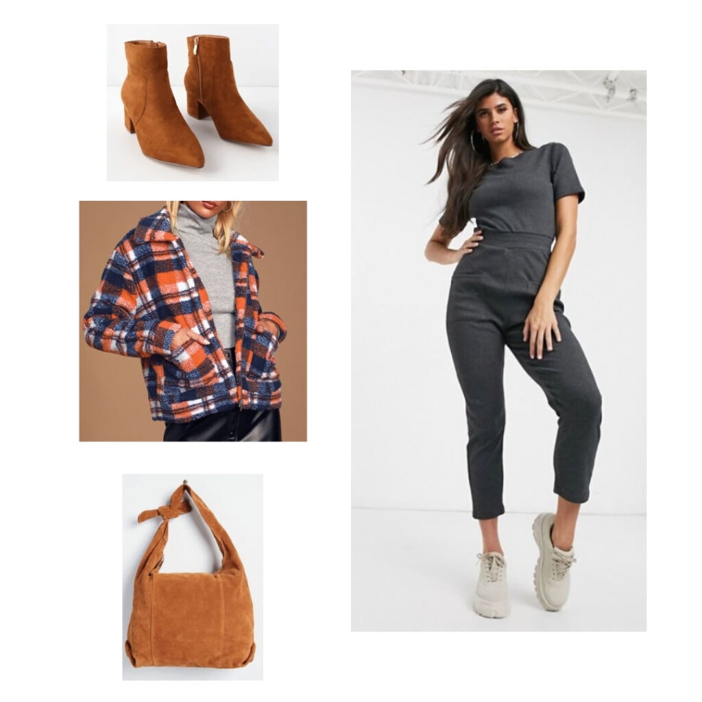 Plaid teddy jacket, grey jumpsuit, brown boots, brown tote bag.