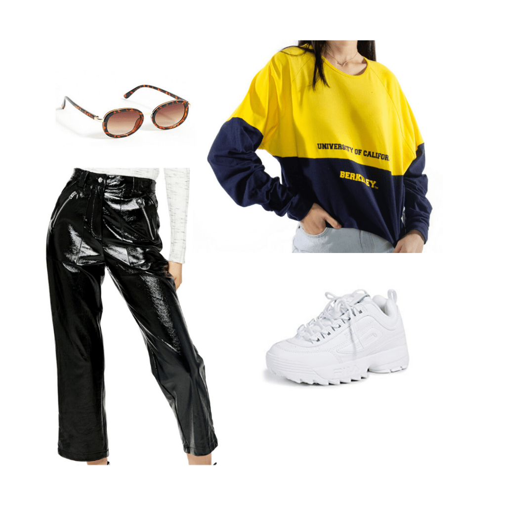 College sweatshirt outfit inspired by Kendall Jenner's look: Leather pants, Cal Berkeley sweater, white sneakers, sunglasses