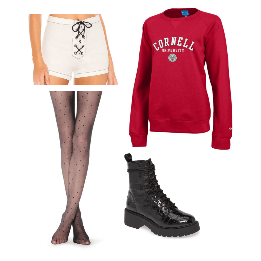 How to wear college sweatshirts: Edgy outfit with sweatshirt, white shorts, polka dot tights, combat boots