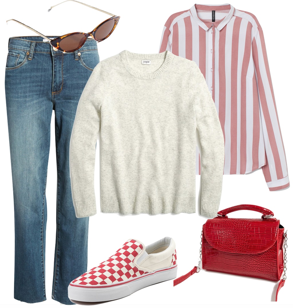 Emma Roberts Outfit 1: cropped jeans, red and white vertical striped shirt, off-white crewneck sweater, tortoise cat-eye sunglasses, red croc crossbody bag, and red and white checkered Vans slip on sneakers