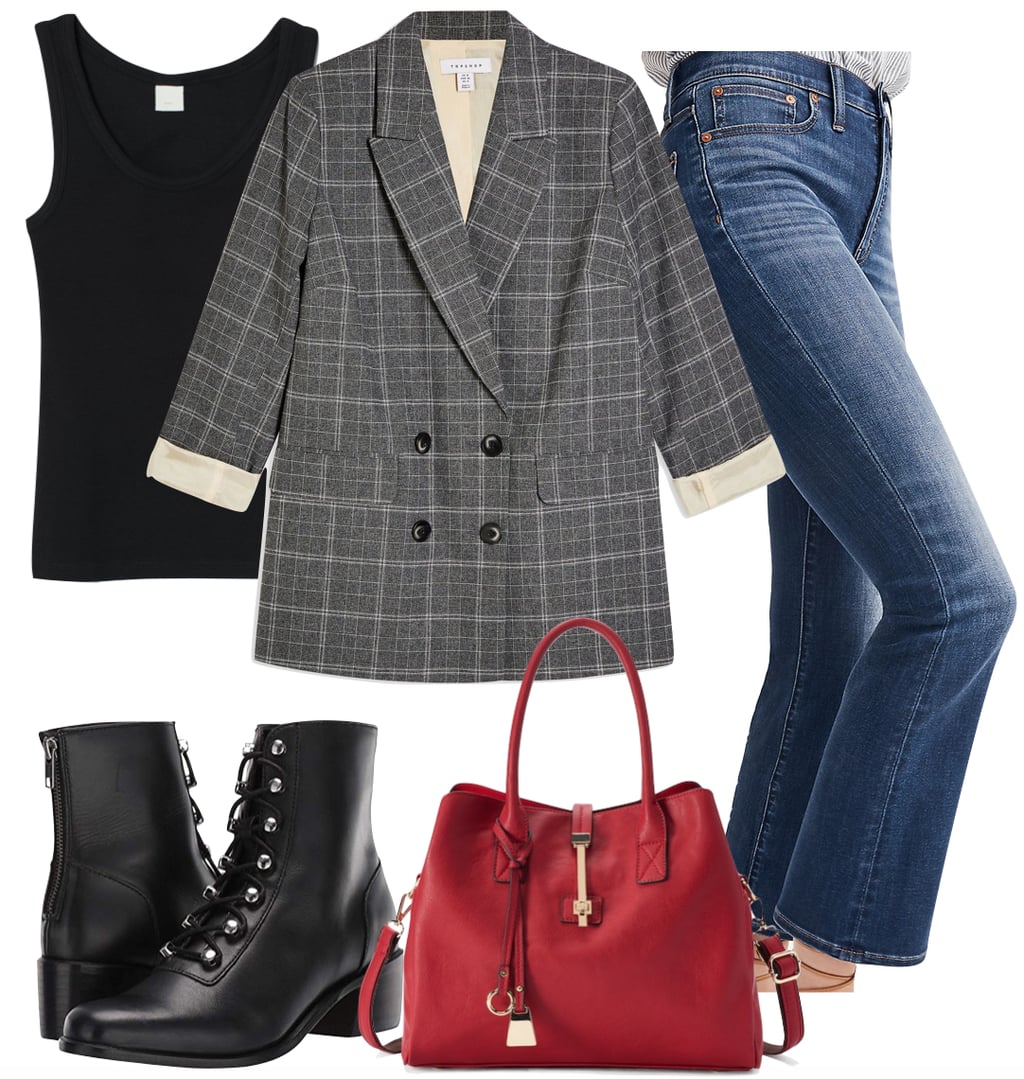 Emma Roberts Outfit 2: black tank top, gray checked oversized blazer, cropped demi-boot jeans, black lace-up boots, and a red satchel bag