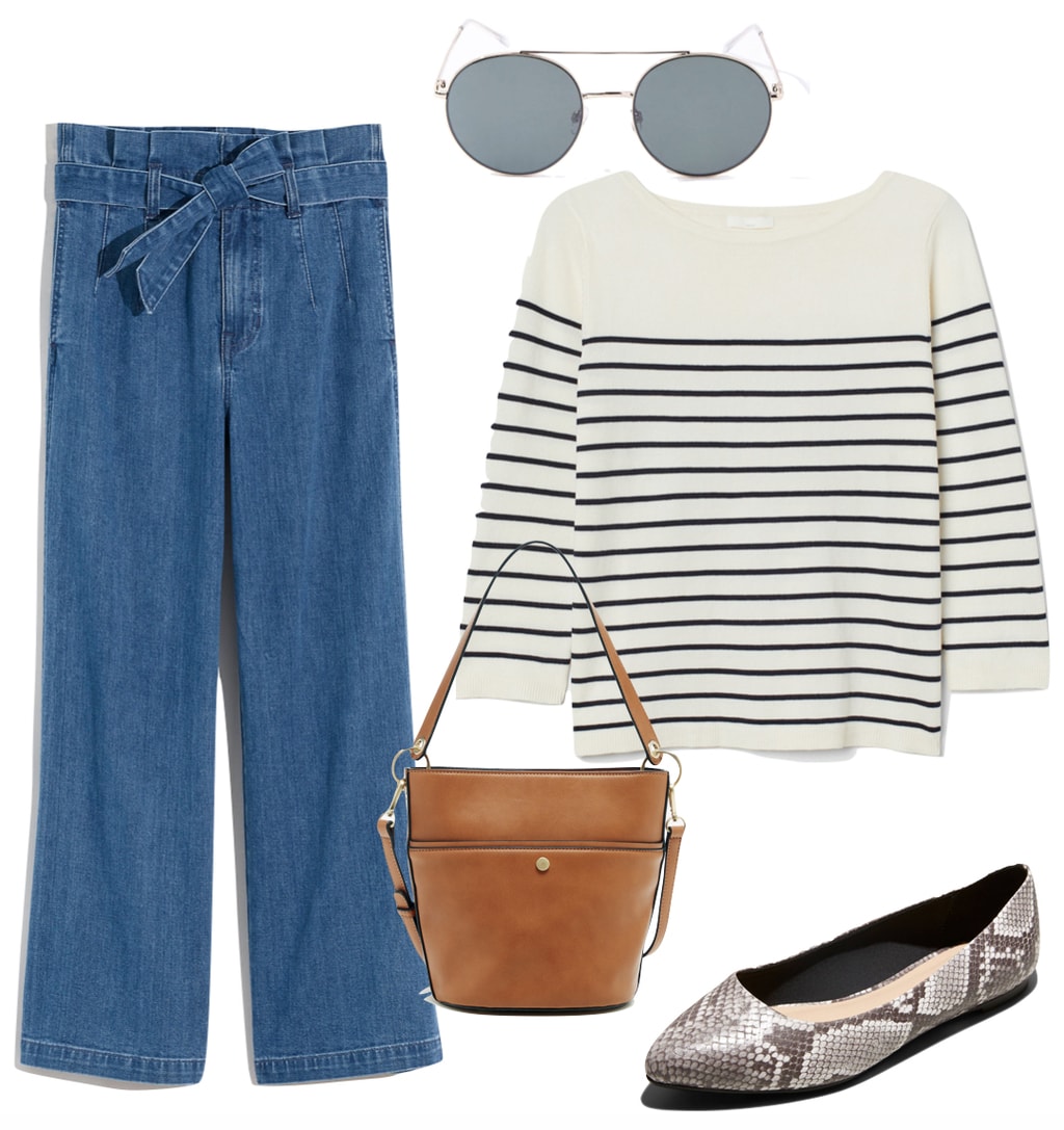 Emma Roberts Outfit #3: cropped tie-waist paperbag jeans, striped crewneck sweater, round brow bar sunglasses, brown faux leather bucket bag, and snake print ballet flats