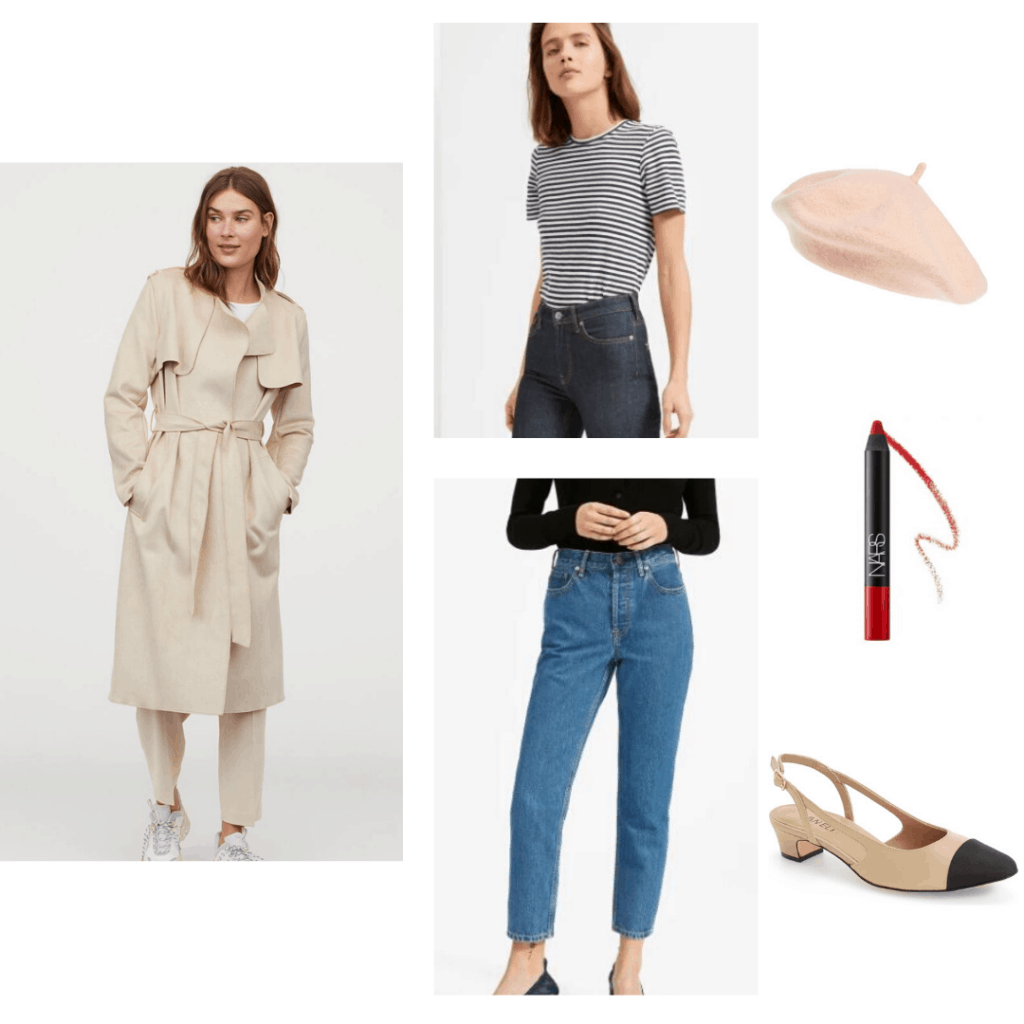 Casual French girl outfit with H&M trench coat, Everlane striped tee and jeans, cap toe heels, pink beret and NARS Dragon Girl red lipstick