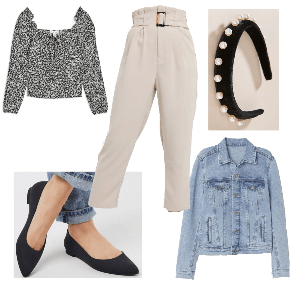 What to wear to brunch - Outfit set with tan pants and a patterned blouse, pearl headband and flats