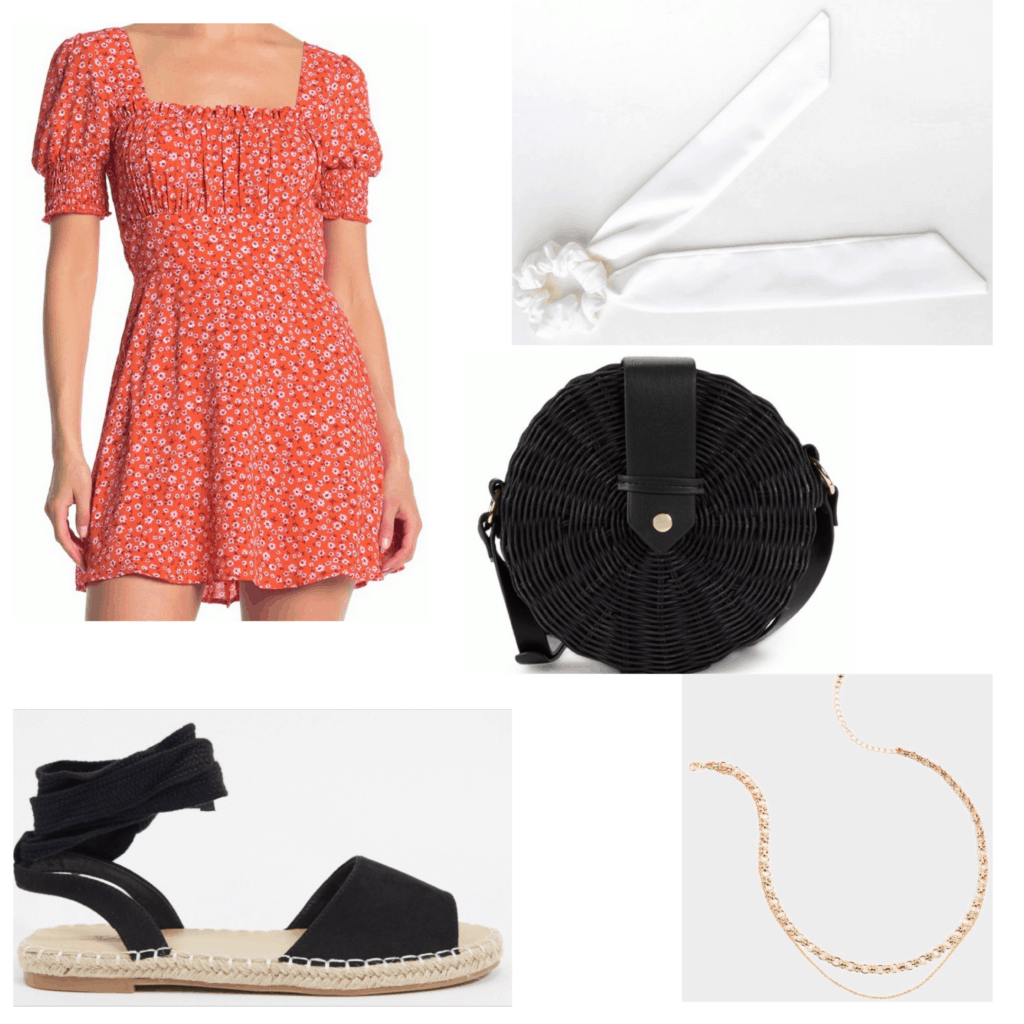 What to wear to brunch - Outfit set with a red floral dress, espadrilles, round bag, gold necklace, and bow hair ribbon