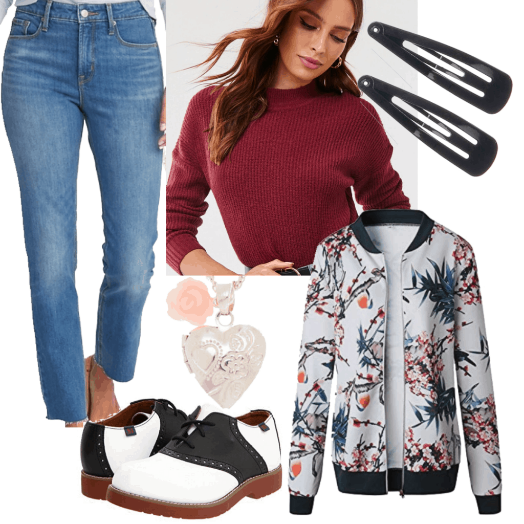 Lara Jean outfits ps I still love you: Red top, bomber jacket, medium wash jeans, hair accessories, oxfords