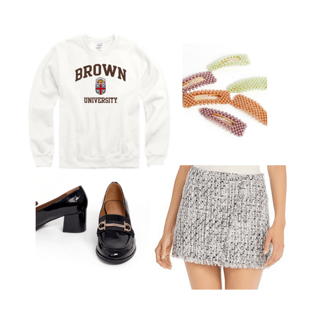 College sweatshirt outfit - Preppy look with Brown University sweatshirt, tweed skirt, oxfords, hair clips