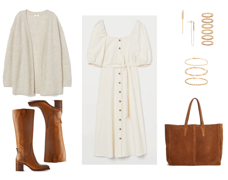 Cold Spring Outfit #1: white peasant dress, white sweater, brown boots